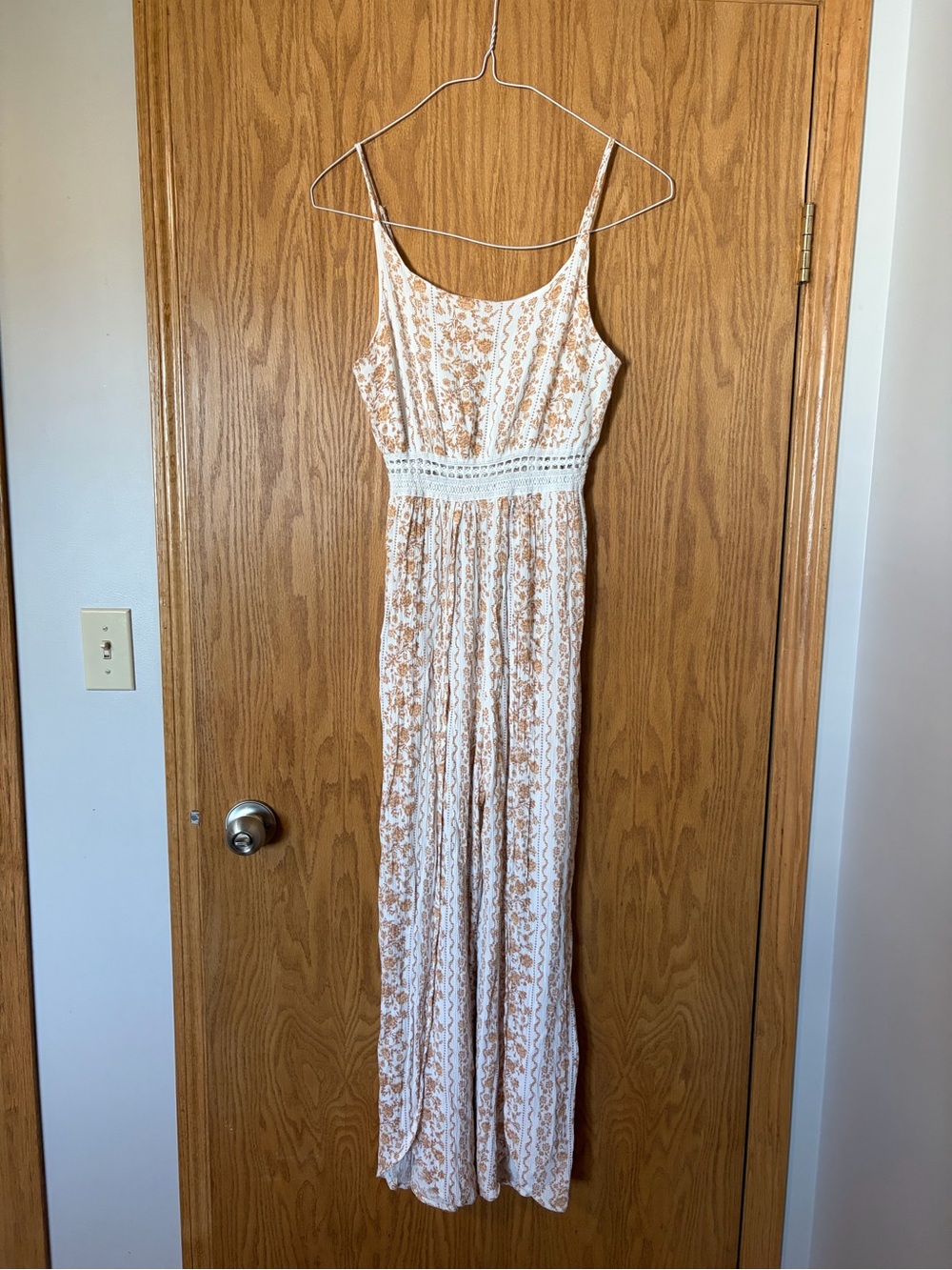 Cream and Tan Floral Spaghetti-Strap Jumpsuit